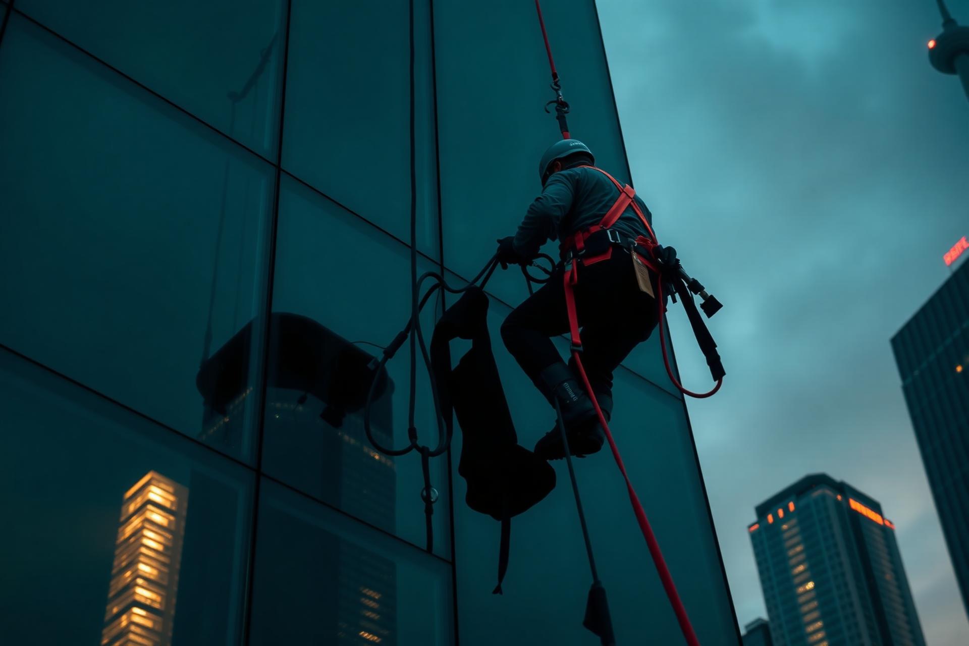 Rope access technician performing high rise window cleaning on a commercial glass tower in Ontario at dusk